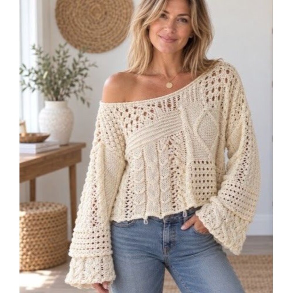Pointelle Cable Knit Cropped Sweater Off The Shoulder Boho Slouchy NWOT